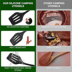 Camping Essentials Cookware Cooking Utensils Set - Portable Camp Kitchen Mess Kit Outdoor Accessories, Stainless Steel & Silicone, Camping Gear Equipment for RV Picnic Grill, Khaki