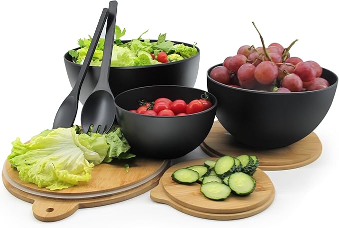 ECOWAY Salad Bowls Set of 3 with Seal Lid & Serving Utensils, Bamboo Fiber Mixing Bowls Set Large Serving Bowls & Storage Set with Bamboo Lid for Salad, Kitchen Eating, Pasta, Popcorn, Fruit, Black