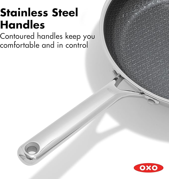OXO Hybrid 8” Nonstick Stainless Steel Frying Pan, Durable PFAS-Free Ceramic Skillet, Stay-Cool Handle, Induction & All Cooktop Compatible, Dishwasher Safe, Mirror Polished Tri-Ply