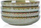 Sureasy 9.7" Pasta Bowls Set of 4, 42 oz Large Salad Bowls for Kitchen, Embossed Ceramic Serving Bowls for Fruits, Soup, Pasta and Salad, Microwave & Dishwasher Safe, Green