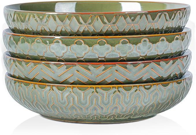 Sureasy 9.7" Pasta Bowls Set of 4, 42 oz Large Salad Bowls for Kitchen, Embossed Ceramic Serving Bowls for Fruits, Soup, Pasta and Salad, Microwave & Dishwasher Safe, Green