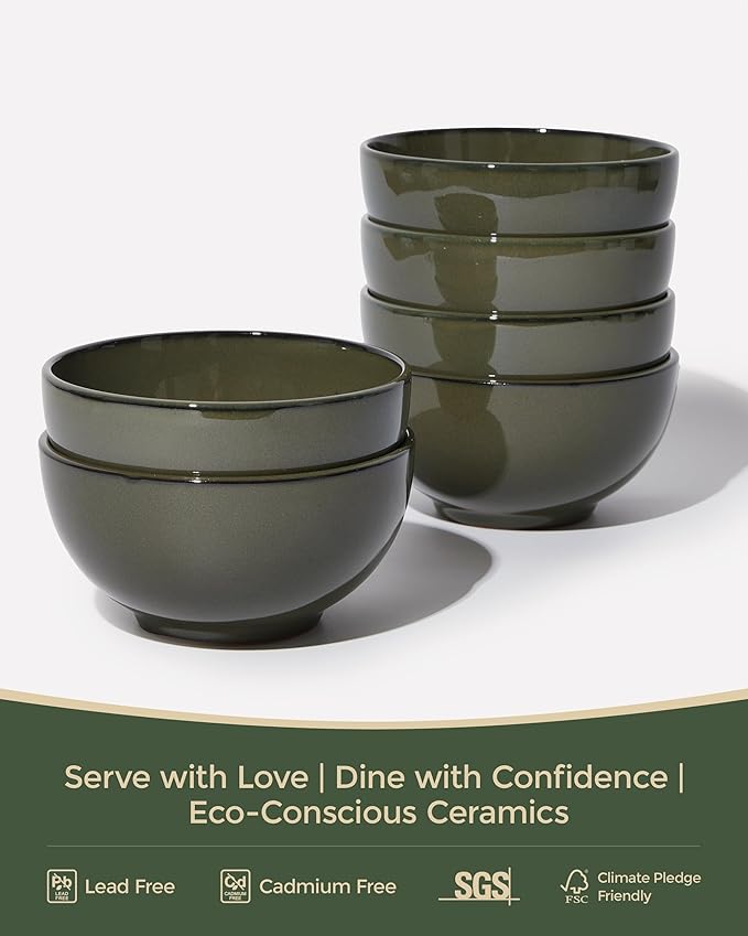 Pokini 5.3" Cereal Bowls & Dessert Bowls Set of 6-20 Oz Small Bowls for Kitchen-Ceramic Bowl for Cereal, Soup, Oatmeal, Salad, Ramen, Noodle, Rice, Yogurt-Dishwasher & Microwave Safe, Blackish Green