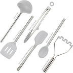 Tovolo Silicone Cooking Utensil Set of 6 Stainless Steel Handle Ladle Slotted Turner Tongs Flex Core Spatula Scraper Mixing Spoon & Potato Masher, Dishwasher Safe BPA Free Utensils, Oyster Gray