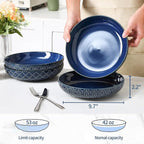 Sureasy 9.7" Pasta Bowls Set of 4-42 oz Large Salad Bowls for Kitchen, Embossed Ceramic Serving Bowls for Fruits, Soup, Pasta and Salad, Microwave & Dishwasher Safe, Blue