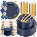 WDF Partyware 350PCS Navy Blue and Gold Plastic Plates with Rolled Napkins Include Dinner Plate 10’’, Dessert Plate 7’’, gold Cups 9 OZ, Pre Rolled Napkins for Birthday/Wedding/Party/Graduation