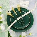 175 Pieces Green Gold Plastic Dinnerware Set, Gold Disposable Plates for Party, Include 50 Green Plates with 75 Plastic Cutlery, 25 Napkins and 25 Cups