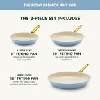 GreenPan Hard Anodized Healthy Ceramic Nonstick 8" 10" & 12" 3 Piece Frying Pan Skillet Set, Gold Handle, PFAS-Free, Dishwasher Safe, Oven Safe, Sky Blue