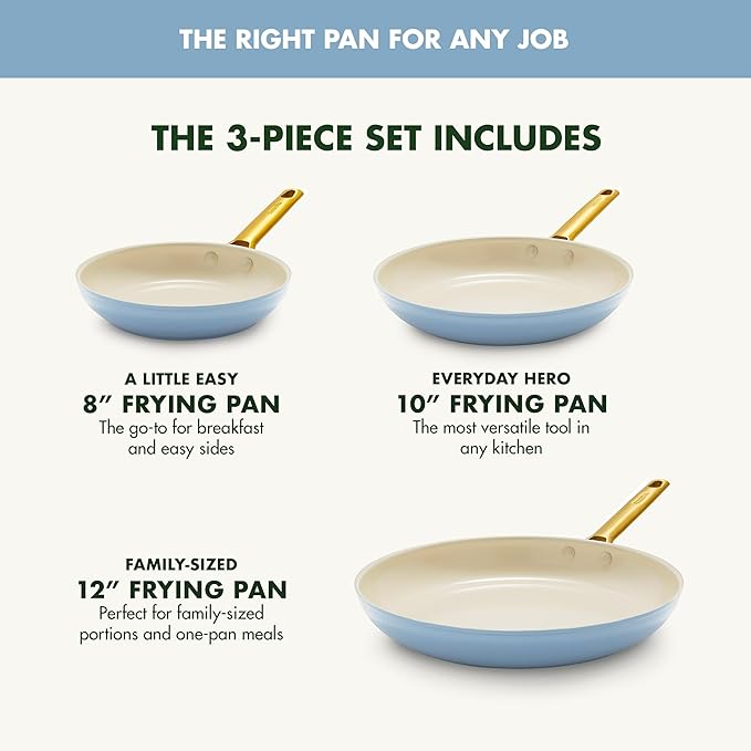 GreenPan Hard Anodized Healthy Ceramic Nonstick 8" 10" & 12" 3 Piece Frying Pan Skillet Set, Gold Handle, PFAS-Free, Dishwasher Safe, Oven Safe, Sky Blue