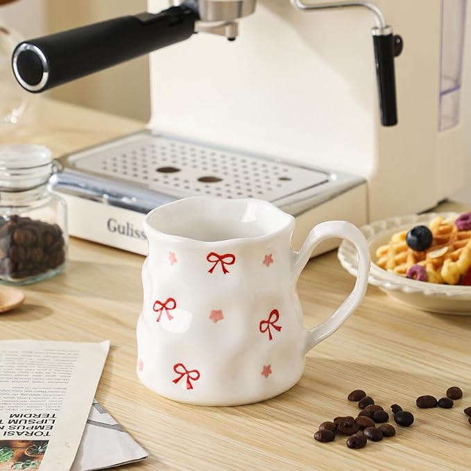 Ceramic Cute Coffee Mug,14 oz Pretty Mug,Unique Coffee Mug (Bows).Ceramic Mug For Women,Hand-Painted Coffee Cup