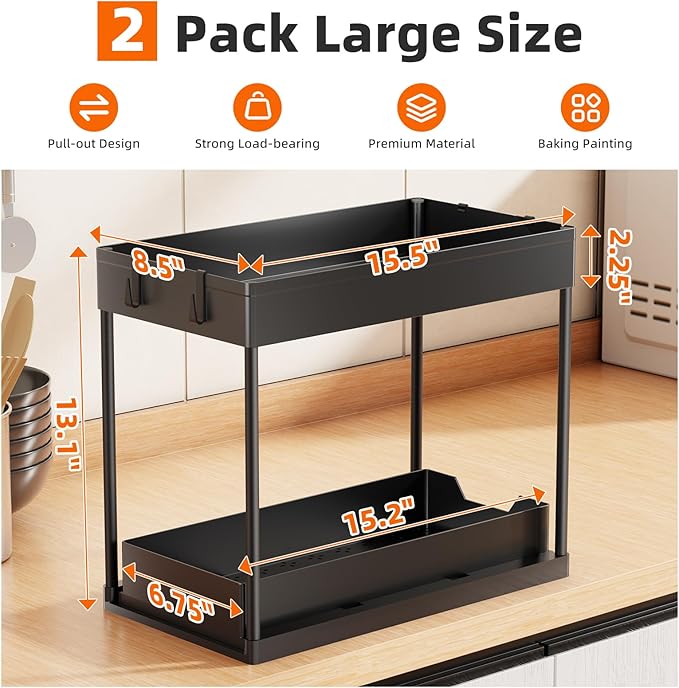 Simple Trending Under Sink Organizer 2 Pack, Sink Pull-Out Sliding Storage Cabinet, 2-Tier Under Shelf Organizer for Kitchen Bathroom, Black