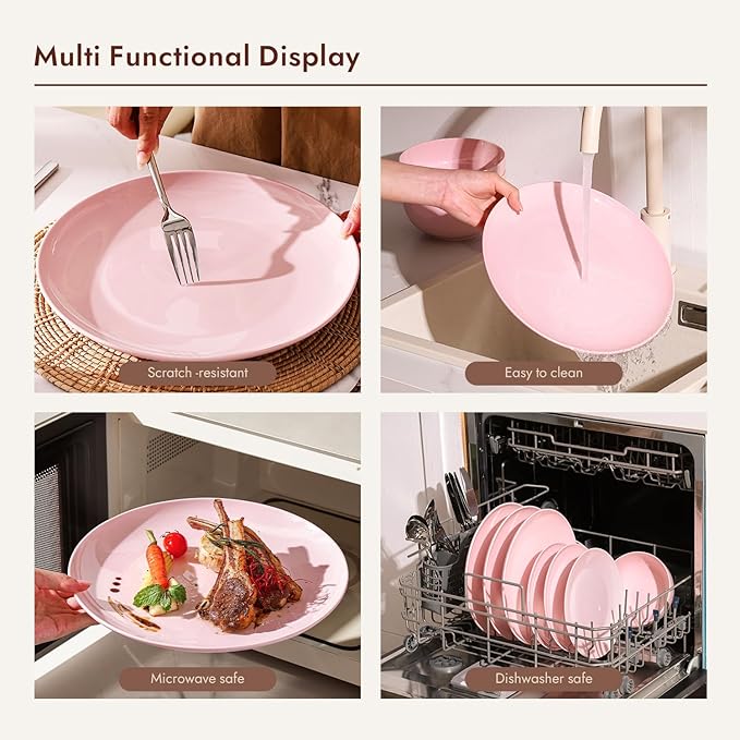 KINGSTONE 24-Piece Bone China Dinnerware Set for 8, Lightweight Porcelain Round Plates and Bowls Set, Durable Scratch Resistant Ceramic Dinner Set, Microwave & Dishwasher Safe, Sakura Pink