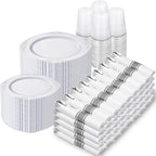 Nervure 700PCS Silver Plastic Plates - Silver Plastic Dinnerware Sets for 100 Guests - 200 Disposable Plates, 300 Silverware, 100 Cups, 100 Napkins for Wedding & Party