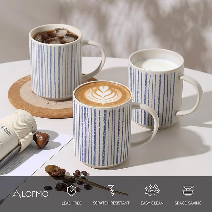 Ceramic Mugs Set of 6, Modern 17oz Coffee Mugs, Stackable Coffee Cups with Handpainted Blue Stripe Pattern, Dishwasher and Microwave Safe Mugs for Home & Office