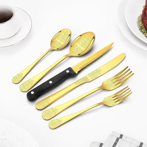 49PCS Gold Silverware Set for 8 with Flatware Drawer Organizer, Stainless Steel Cutlery Set with Steak Knives, Include Spoons and Forks Set, Carving floral patterns