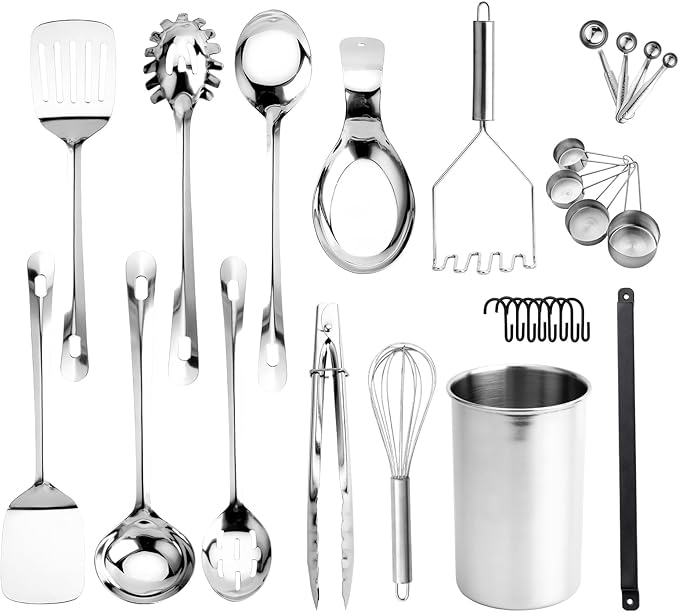 COOK WITH COLOR Kitchen Utensil Set - premium Nonstick & Heat Resistant Kitchen Gadgets, Turner, Spaghetti Server, Serving Spoons, Whisk, Tongs, Masher & Utensil Holder, 28-piece Stainless Steel