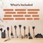 Silicone Kitchen Utensils Set & Holder: Cooking Utensils Set - Kitchen Essentials for New Home & 1st Apartment- Silicone Spatula Set, Cooking Spoons for Nonstick Cookware (Acacia Wood, Grey)