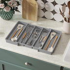 Lifewit Utensil Organizer for Kitchen Drawers, Expandable Cooking Utensil Tray, Adjustable Cutlery Silverware Flatware Holder, Plastic Spatula Tools Storage Divider, 13-22 x 15", Gray