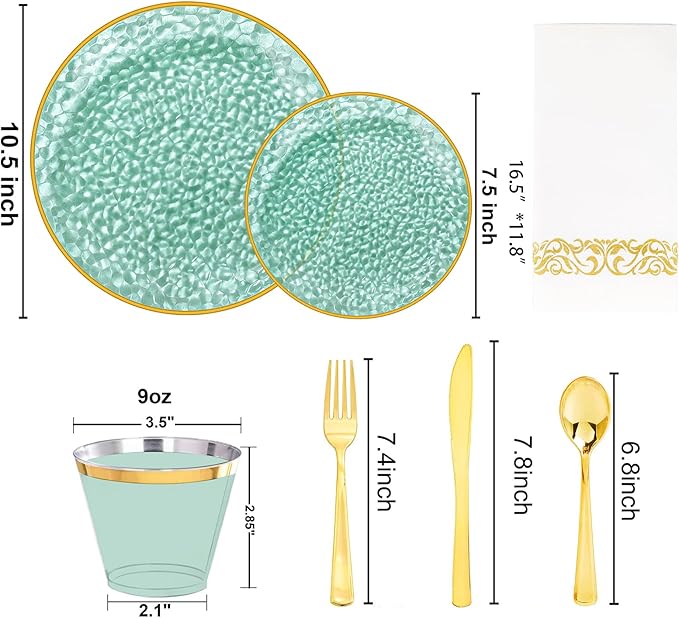 Rubtlamp 350 Pcs Green Plastic Dinnerware Set, Green and Gold Plastic Plates, Hammered Party Plates Include Dinner Platos, Dessert Platos, Cups, Gold Cutlery Set And Napkins for Party