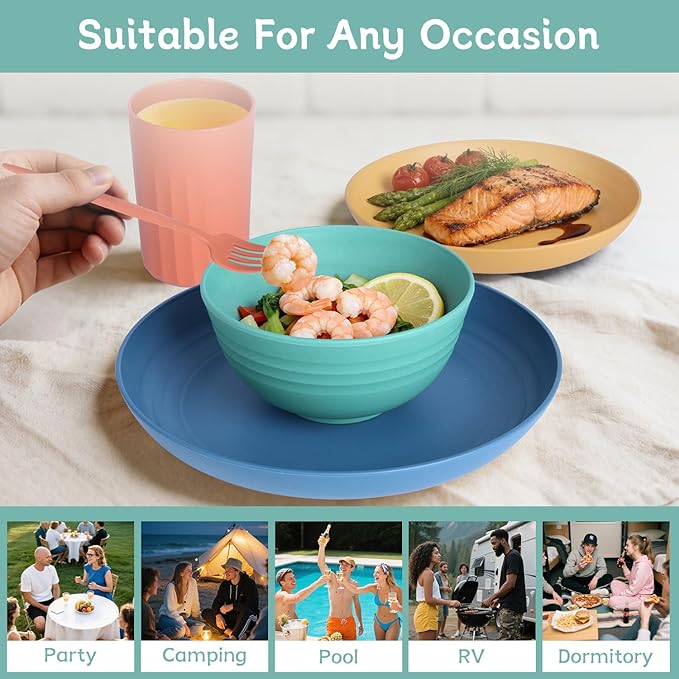 28 Piece Wheat Straw Dinnerware Sets,Plastic Dishes Set Alternative, Dishwasher & Microwave Safe Plates and Bowls Sets, Unbreakable Dinnerware Sets for 4 Dinner Plates, Cups, Cereal Bowls - Colorful