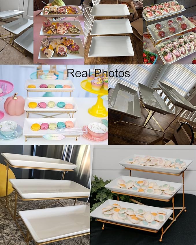 LAUCHUH 3 Tier Serving Tray, Porcelain Serving Platter Tier Serving Stand with Collapsible Sturdier Rack, Serving Trays and Platters Dessert Party Display Set for Mother's Day, Gold, 12 Inch