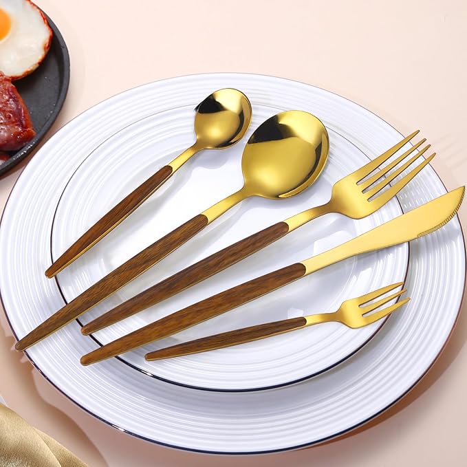 20-Piece Gold Silverware Set with Cake Fork, Stainless Steel Flatware Cutlery Set for 4, Tableware Eating Utensils Set with Wooden effect Handle, Knife Fork Spoon, Mirror Finish, Dishwasher Safe