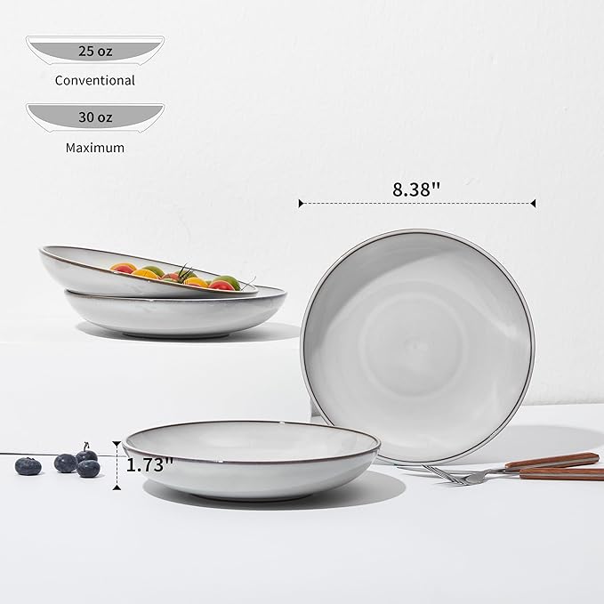 Pokini Pasta Bowls 30 oz, Terracotta Ceramic Plate Bowls for Kitchen, Microwave & Dishwasher Safe, Large Wide Serving Bowls for Salad/Soup/Noodle/Dessert, Moonstone White