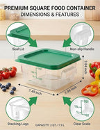4 Pack 2QT Food Storage Containers with Green Lids, Clear Square Restaurant Commercial Food Storage Containers with Handle and Scale, Marinating Container Dough Rising Bucket for Home & Dining