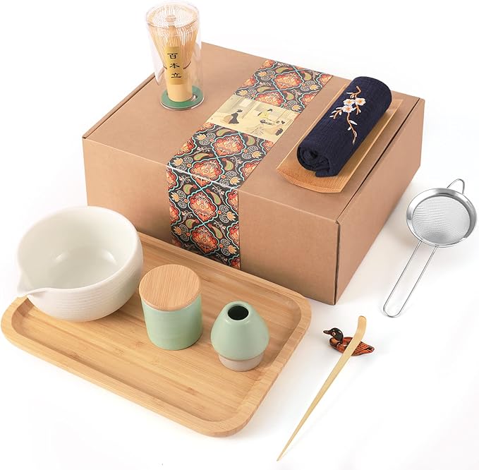 Artcome Japanese Matcha Tea Set, Matcha Bowl with Pouring Spout, Tea Tray, Bamboo Whisk, Ceramic Whisk Holder, Handmade Matcha Ceremony Kit For Japanese Tea Ceremony (10Pcs)