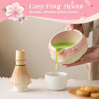 Matcha Whisk Set, 8 Pcs Matcha Kit Set With Pink Cherry Blossom Embossed Pattern Includes 18 OZ Bowl, Bamboo Whisk, Ceramic Holder, Bamboo Scoop x2, Scoop Rest, Stainless Sifter and Tea Towel