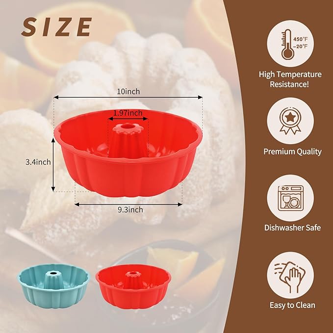 2 Pack Silicone Cake Pan Nonstick,10 Inch, Silicone Cake Molds,Pound Cake Pan, Baking Cake Pan for Jello,Gelatin,Cake,Brownie and Bread（Red+Blue）