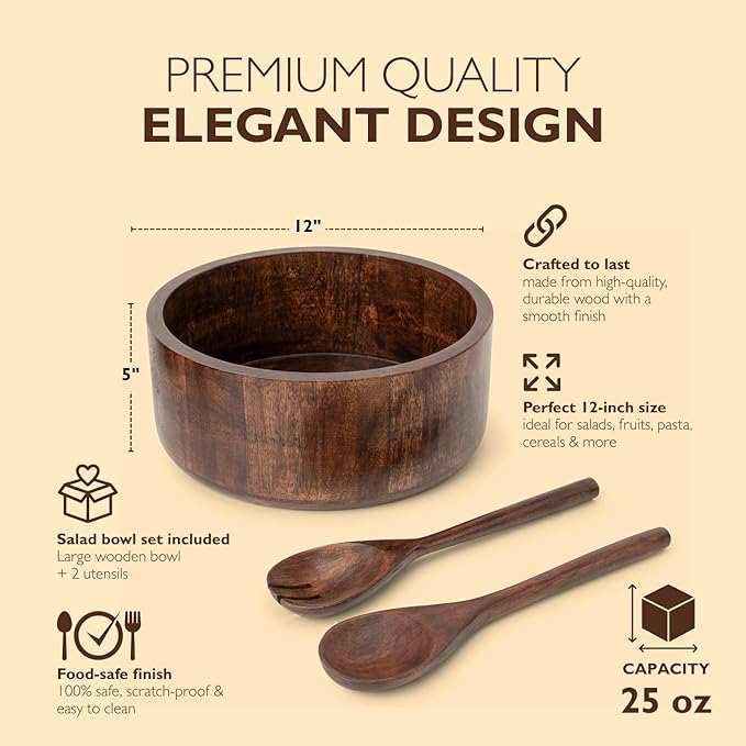 Luxe Designs 12" Dark Burnt Wooden Salad Bowl Set with Serving Utensils Eco-Friendly, Multipurpose Mixing & Serving Bowl for Salads, Pasta, Fruits & More – Durable & Stylish Kitchen Essential