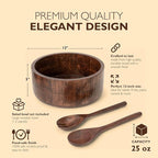 Luxe Designs 12" Dark Burnt Wooden Salad Bowl Set with Serving Utensils Eco-Friendly, Multipurpose Mixing & Serving Bowl for Salads, Pasta, Fruits & More – Durable & Stylish Kitchen Essential