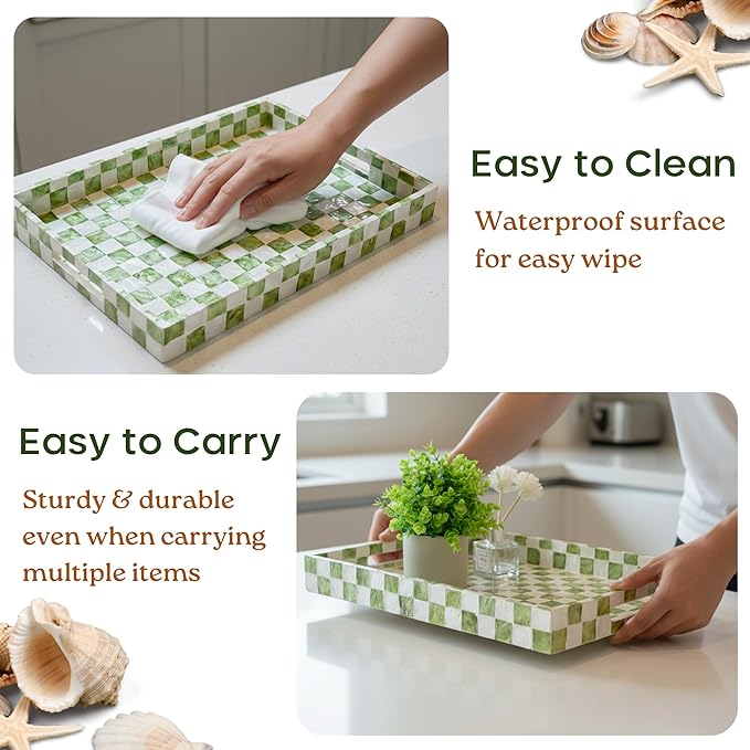 CHI AN HOME 15.8" x 11.8" Decorative Rectangular Tray with Natural Capiz Shells, Checkered Tray with Handles, Serving Tray for Ottoman, Coffee Table, Kitchen Counter Home Decor (Pistachio Green)
