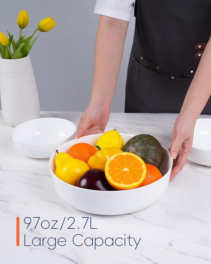 LaGlint 10 Inch 90 OZ Opal Glass Serving Bowls Set of 2, Extra Large White Salad Bowls for Kitchen, Microwave & Dishwasher Safe