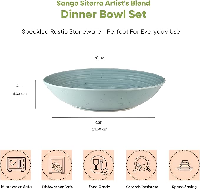 Sango Siterra Artist's Blend Stoneware Pasta Bowls (Set of 4) Multi Assorted Colors– Featuring Soft Gray, Blue, Green, and Ivory, for Everyday Dining & Entertainment, Microwave & Dishwasher Safe