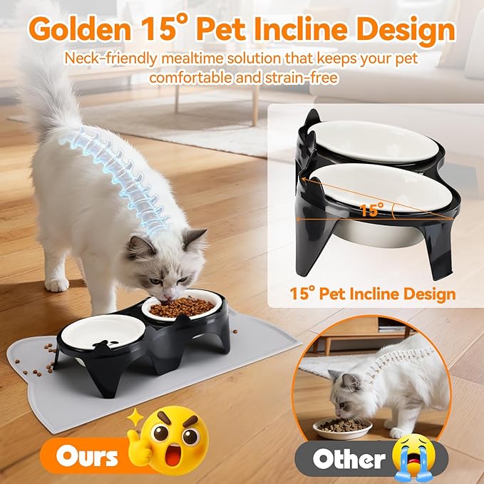 Ceramic Elevated Cat Bowls Kitty Bowls - 15° Tilt Anti-Vomiting, Silicone Mat Included, Whisker Friendly for Indoor Cats & Small Dogs (2-Pack) (Black)