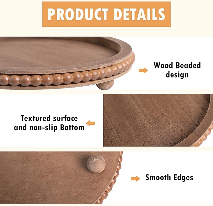 HPC DEC R OUR HAPPY PLACE 12in Round Wood Beaded Tray - Brown, Distressed Finish - Farmhouse Boho Style - Decorative Tray for Living Room, Coffee Table, Kitchen Table or Serving Tray