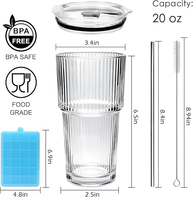 Accguan 20oz Ribbed Glass Tumbler with Straw and Lid,Glass Cup,Reusable lced Coffee Cups with lids-Glass Cups with Lids for Smoothie,Coffee,Juice,Tea,Travel Mug,Cold & Hot Beverages, 6Pack