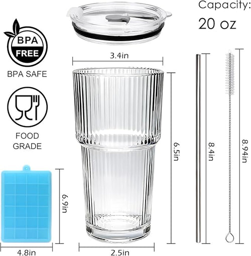 Accguan 20oz Ribbed Glass Tumbler with Straw and Lid,Glass Cup,Reusable lced Coffee Cups with lids-Glass Cups with Lids for Smoothie,Coffee,Juice,Tea,Travel Mug,Cold & Hot Beverages, 6Pack