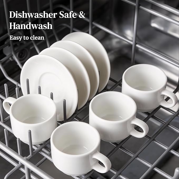 DOWAN 4 Ounce Porcelain Stackable Espresso Cups with Saucers Set of 4, White Espresso Cups for Home, Office and Cafe Use