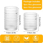 Moretoes Kitchen Hobnail Drinking Glasses Set of 6, 12 Oz Highball Glasses & 10 Oz Cocktail Glasses, Clear Embossed Boho Glass Cups Kitchen Bar Tumbler Glassware Set for Whiskey, Beer, Juice, Milk