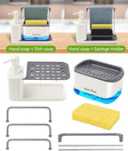 Hand and Dish Soap Dispenser Set with Tray, Dual Soap Dispenser with Sponge Holder and Dishcloth Holder 5-in-1 Organizer for Kitchen Sink Countertop Storage Organize - Useful Kitchen Gadgets (White)