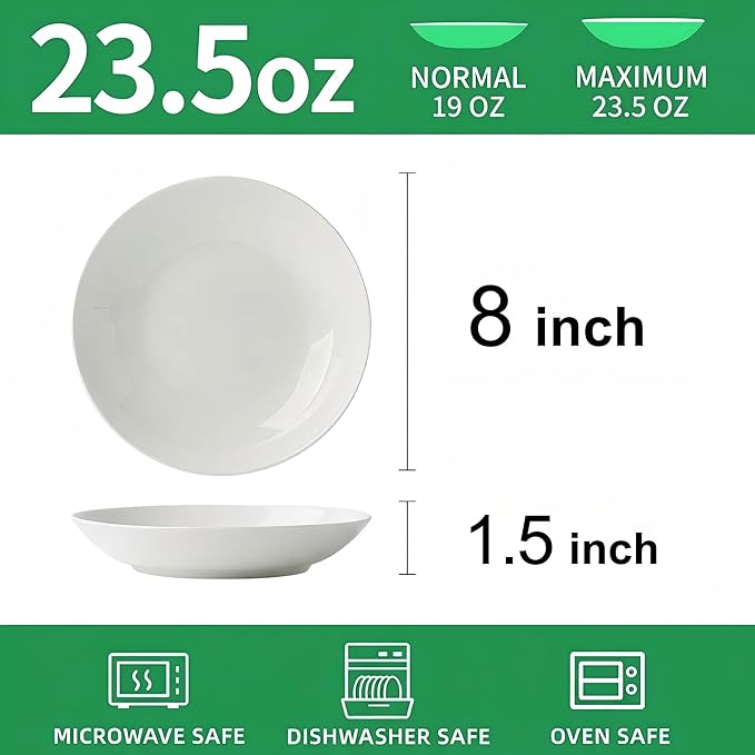 Bone China Pasta Bowls Set of 6, 23.5oz Soup Bowls White Salad Bowl, 8 inch Pasta Bowls Lightweight Wide Shallow Kitchen Plates for Serving Dinner - Microwave Dishwasher Safe, Kitchen Gifts