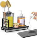 KONE Kitchen Sink Caddy: Sponge Holder for Kitchen Sink Counter with Instant Drying Stone and High Brush Holder, Rustproof Stainless Steel Sponge Holder for Sponges, Scrubbers, Soap (Black)