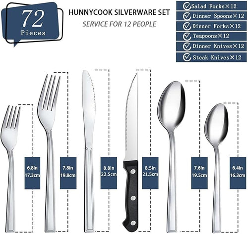 72-Piece Silverware Set - Stainless Steel Silverware Set for 12, Include Fork Knife Spoon Set, Mirror Polished Flatware Set, Cutlery Set for Home Kitchen Restaurant, Dishwasher Safe