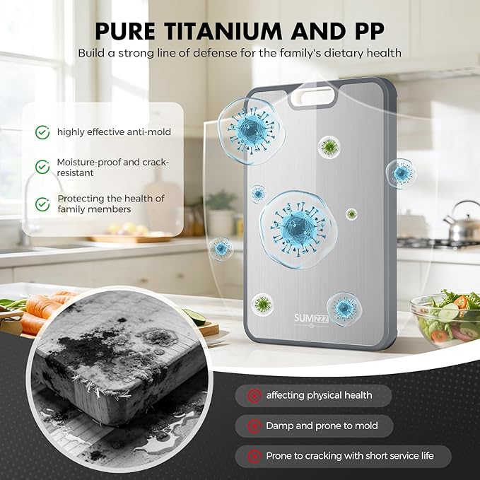 Titanium Cutting Board for Kitchen, Cutting Board Double Sided Food Grade, Pure Titanium/PP, Easy to Clean Large Size 15”×10.3”