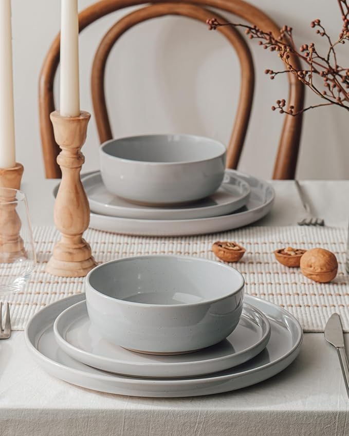 Famiware Milkyway Stoneware Dinnerware Sets with Mugs, Service for 6 (24 Pieces), Plates and Bowls Sets -Scratch Resistant, Microwave and Dishwasher Safe Dishes Set, Light Gray