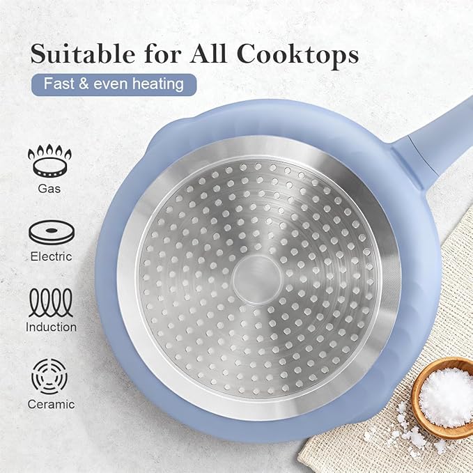 12 Inch Nonstick Saute Pan with Lid, Ceramic Large Deep Frying Pans Skillet Nonstick, 5 Qt Non Stick Sauté Pan, Compatible with All Stoves, Detachable Handle, Oven Safe, PFOA Free, Blue