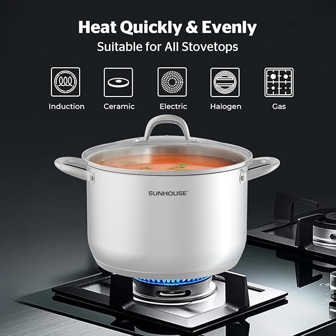 SUNHOUSE Stainless Steel Stock Pot - 12 Quart Heavy-Duty Induction Cooking Pot with Visible Lid for Pasta, Soup, Spaghetti - Nonstick Thick-Bottom Deep Stockpot for Canning, Boiling, and Simmering