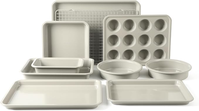 Calphalon Legacy 10-Piece Nonstick Bakeware Set, PFA-Free Nonstick Coating, Oven Safe, Includes Sheet Pans, Muffin Pan, Round Cake Pans, Loaf Pan and Cooling Rack, Cream Grey